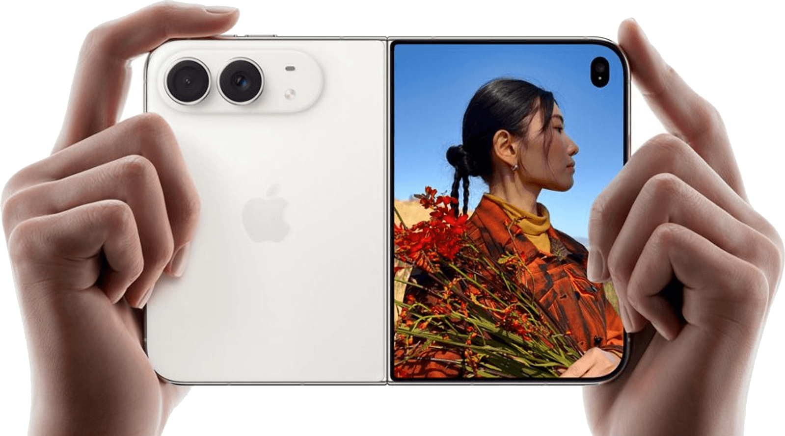 iPhone Duo usado como câmera, segurado com as duas mãos